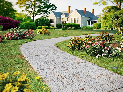Charming Residential Garden Landscape With Winding Stone Path And Vibrant Blooming Flowers Around Cozy Home 3d model