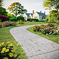 Charming Residential Garden Landscape With Winding Stone Path And Vibrant Blooming Flowers Around Cozy Home
