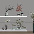 Vases with Pink Flowers White Branches Red Maple Blooms on White Shelves and Green Vase