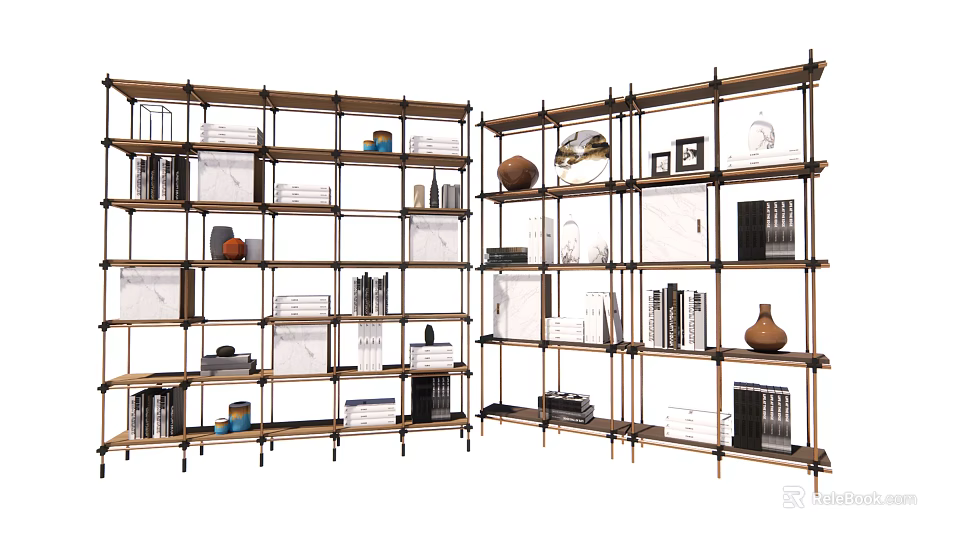 Open Metal Frame Storage Shelving with Multiple Shelves and Decorative Items 3d model