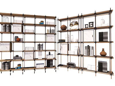 Open Metal Frame Storage Shelving with Multiple Shelves and Decorative Items 3d model