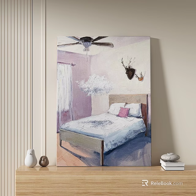Oil Painting of Cozy Bedroom Featuring Bed Pillows Deer Head Ceiling Fan and Window 3d model 