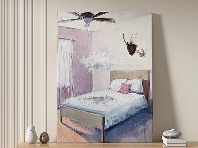 Oil Painting of Cozy Bedroom Featuring Bed Pillows Deer Head Ceiling Fan and Window 3d model
