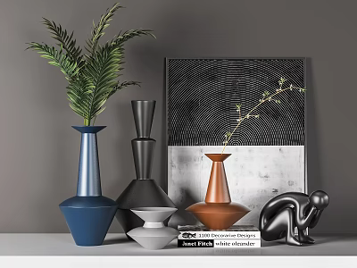 Modern Artistic Decorative Ornament Set With Colorful Vases Green Fern Plant Framed Art And Sculpture 3d model