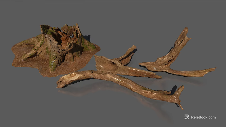 Natural Stone And Wood Decor With Tree Stumps And Rustic Branches 3d model