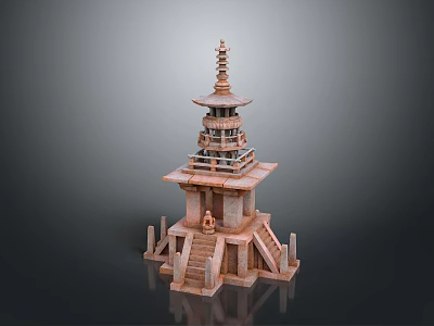 Traditional Multi tiered Pagoda Architecture Featuring Stone Base Staircase And Carved Railings 3d model