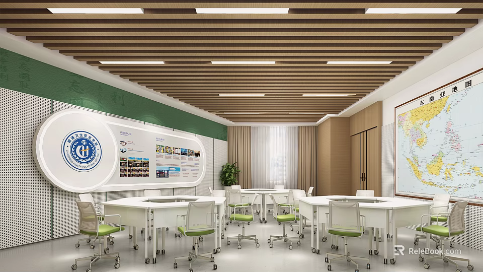 Modern Laboratory Interior Design With White Lab Tables Green Chairs And Ceiling Lights 3d model 