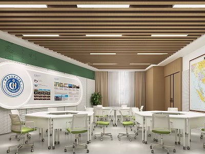 Modern Laboratory Interior Design With White Lab Tables Green Chairs And Ceiling Lights 3d model