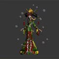 Traditional Chinese Female Character in Green Red Outfit with Headdress and Floating Spirit Orbs