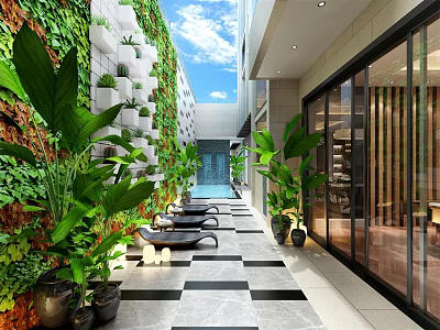 Contemporary Green Wall With Poolside Seating And Tropical Plants In Modern Courtyard 3d model