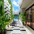 Contemporary Green Wall With Poolside Seating And Tropical Plants In Modern Courtyard