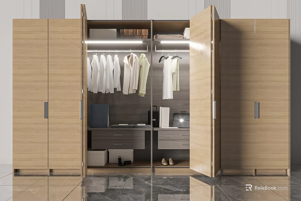 Modern Wooden Wardrobe Open Design With Hanging Shirts Drawers And Storage Space 3d model 