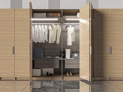 Modern Wooden Wardrobe Open Design With Hanging Shirts Drawers And Storage Space 3d model