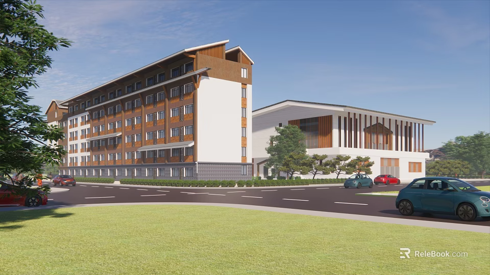 Modern Style Multi storey Building Exterior With Brown White Facade Green Lawn And Trees 3d model 