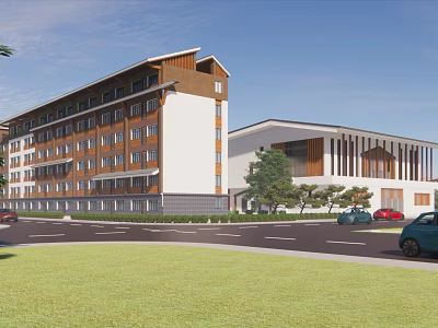 Modern Style Multi storey Building Exterior With Brown White Facade Green Lawn And Trees 3d model