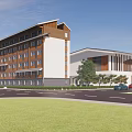 Modern Style Multi storey Building Exterior With Brown White Facade Green Lawn And Trees