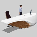 Modern White Reception Desk With Curved Design Wooden Base And Mac Computer 3d model