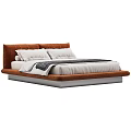 Modern double bed with purple and orange upholstered headboard and white bedspread pillows
