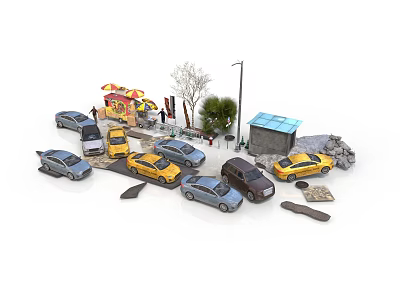 Miniature Urban Traffic Scene Model With Various Cars Small Kiosk Trees And Street Lamp 3d model
