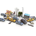 Miniature Urban Traffic Scene Model With Various Cars Small Kiosk Trees And Street Lamp
