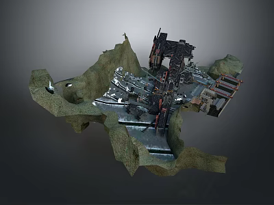 Detailed Rocky Terrain With Mechanical Structures Platforms And Metal Components 3d model