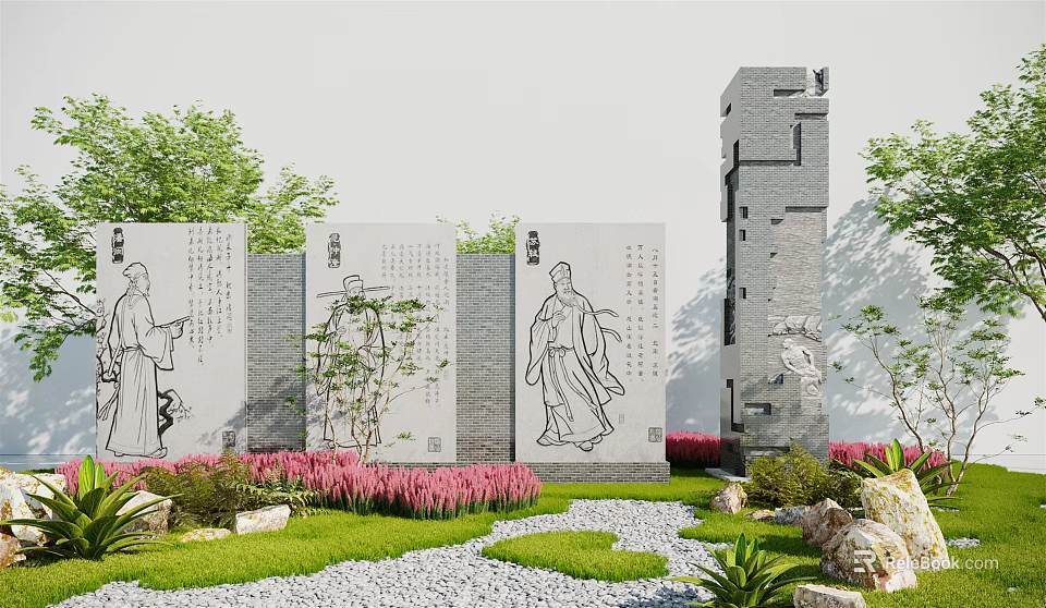 Traditional Landscape Wall With Black And White Figure Patterns Green Plants And Pink Flowers 3d model 