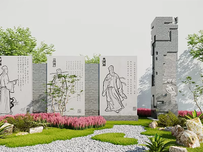 Traditional Landscape Wall With Black And White Figure Patterns Green Plants And Pink Flowers 3d model