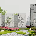 Traditional Landscape Wall With Black And White Figure Patterns Green Plants And Pink Flowers