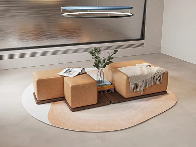 Modern Minimalist Sofa Stool With Round Rug And Green Plant On Coffee Table 3d model
