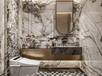 Elegant Bathroom Interior Design With Marble Walls Gold Accents Mirror Vanity And Checkerboard Floor 3d model