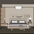 Warm Modern Bedroom Interior Design with Wooden Bed Pendant Light Bedside Tables and Decorative Shelves