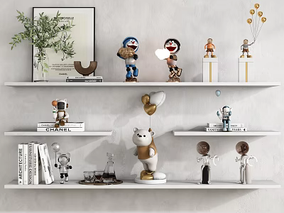 Decorative Ornament Set with Cartoon Figures Bear Statue Plant and Books on White Shelves 3d model