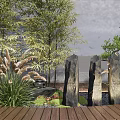 New Chinese style landscape sketch landscape stone pine tree courtyard sketch withered mountain stone bamboo stone Zen courtyard sketch flower mirror 3d model