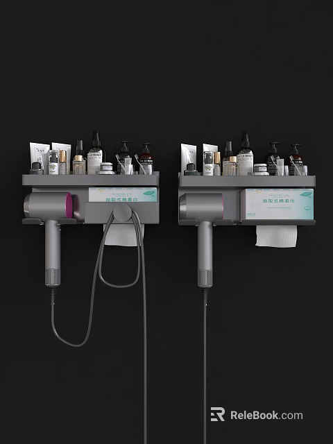 Wall Mounted Bathroom Set With Toiletries Hair Dryer And Tissue Holder 3d model 