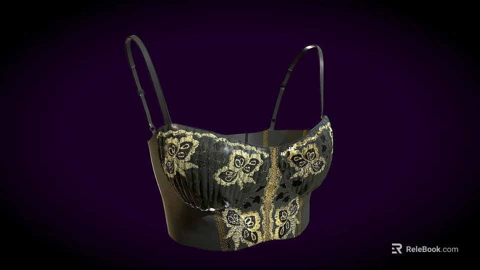 Elegant Black Corset With Gold Floral Embroidery And Delicate Lace Details 3d model 