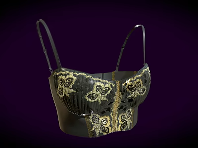 Elegant Black Corset With Gold Floral Embroidery And Delicate Lace Details 3d model
