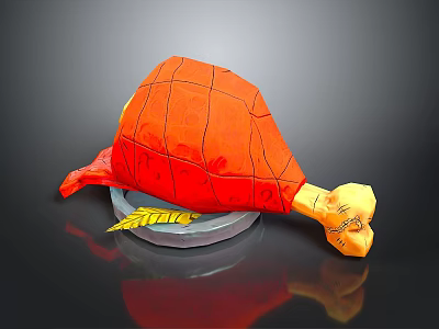 Delicious Orange Grilled Chicken Leg With Grid Pattern On Gray Plate And Yellow Leaf Decoration 3d model