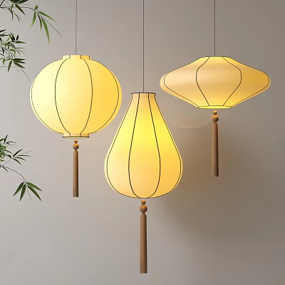 Chinese Hanging Lanterns Yellow Round Teardrop and Octagonal Shapes with Wooden Tassels and Bamboo Branches 3d model