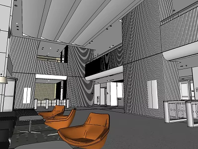 Modern Hotel Lobby With Striped Walls Orange Chairs Balcony And Elegant Ceiling Design 3d model