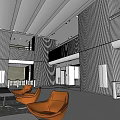 Modern Hotel Lobby With Striped Walls Orange Chairs Balcony And Elegant Ceiling Design
