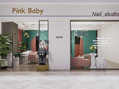 Pink Baby Nail Studio Interior With Green Walls Pink Sofa And Chandelier Plants 3d model