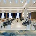Elegant Banquet Hall With Marble Floor White Tables And Blue Curtains