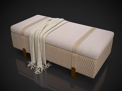 Cozy Modern Bench With Light Colored Padded Seat Wooden Legs And Knitted Blanket 3d model