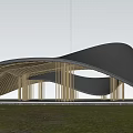 Garden Landscape Featuring Modern Wooden Pavilion Curved Roof Bamboo And Lush Green Plants