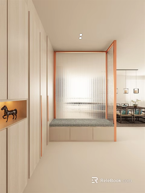 Modern Interior Design With Glass Partition Wooden Frame Bench And Cabinets 3d model 