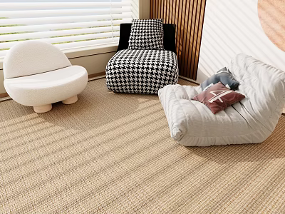 Modern Single Sofa Designs White Black Checkered Light Gray with Pillows Window Wooden Panel Carpet 3d model