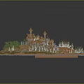 Cartoon Scenic Island with Green Forest Red Mountain Castle and Blue Lake