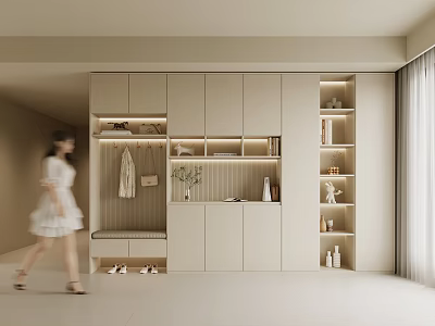 Elegant Modern Shoe Cabinet Interior With Clothing Hanging Area Shoe Bench And Storage Cabinets 3d model