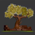 Yellow Leaved Tree With Red Brick Circular Wall And Green Grass Base