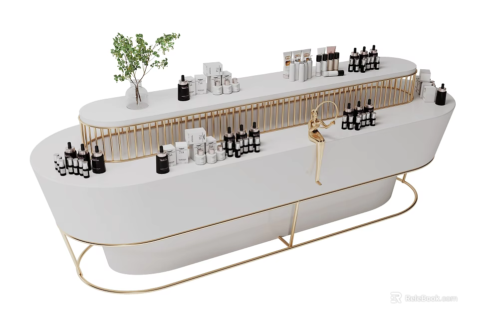 Modern Display Shelf With Gold Metal Frame White Countertop Cosmetic Products And Green Plant 3d model 